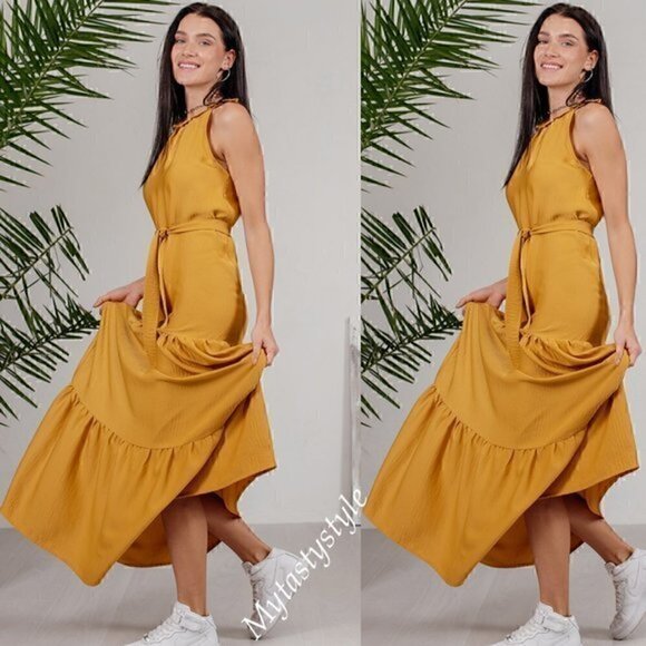 NWT Tiered Maxi Boho Belted Ruffled Sleeveless Yellow Amber Crepe Satin … - Picture 2 of 13
